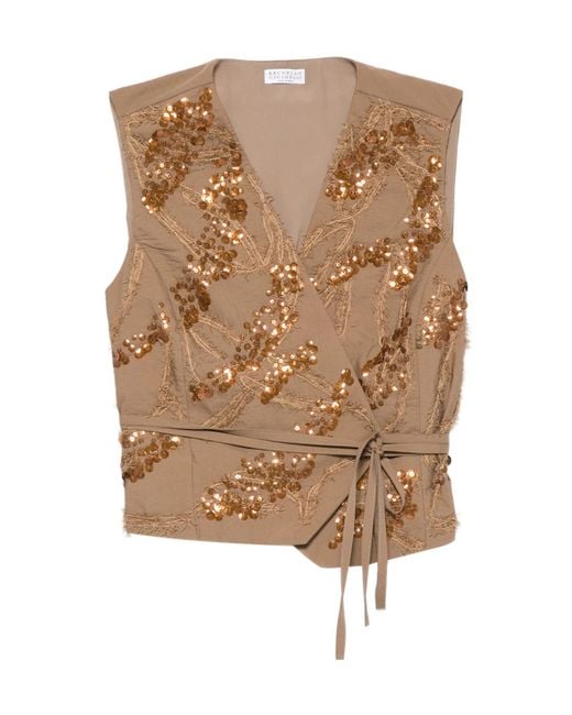 Brunello Cucinelli Brown Sequin-Embellished Waistcoat