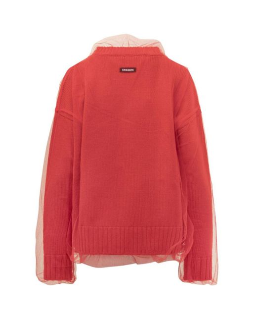 MSGM Red Crew Neck Tulle-Overlay Jumper