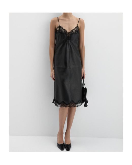 Magda Butrym Black Leather Lace-Trim Slip Dress