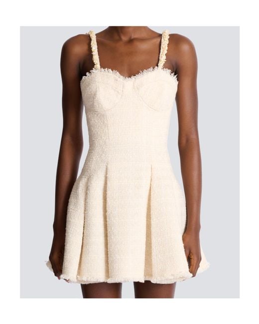 Balmain Natural Conchiglie Pleated Tweed Mini Dress
