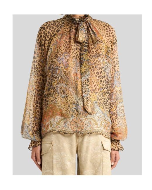 Etro Brown Paisley And Animal Printed Scarf Chiffon Blouse