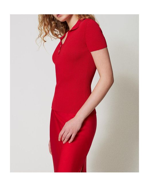 Twinset Red Fine Ribbed Polo Top