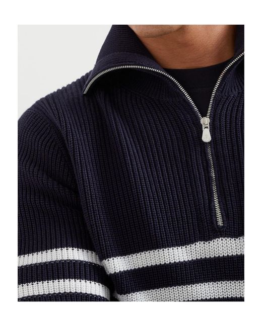 Brunello Cucinelli Blue Half-Zip English Rib Striped Jumper for men