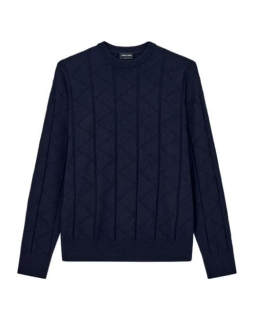 Giorgio Armani Blue Sweater Regular Fit Chevron Virgin Wool for men