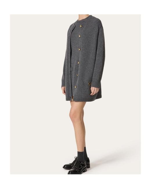 Valentino Gray Logo Plaque Buttoned Long-Sleeved Cardigan