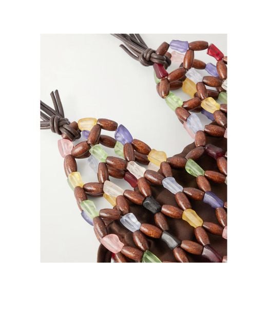 Staud Brown Kelly Leather-Trimmed Beaded Wood And Glass Satin Tote