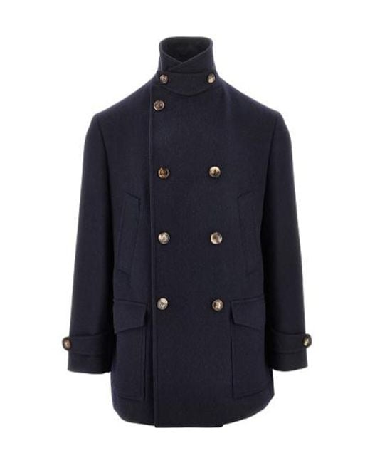 Brunello Cucinelli Blue Double-Breasted Long-Sleeved Coat for men
