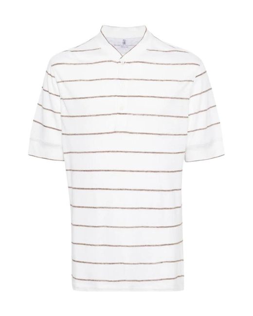 Brunello Cucinelli White Striped Polo Shirt for men