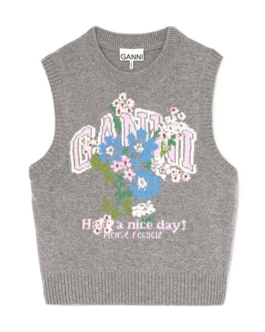 Ganni Gray Floral Jacquard Knitted Vest