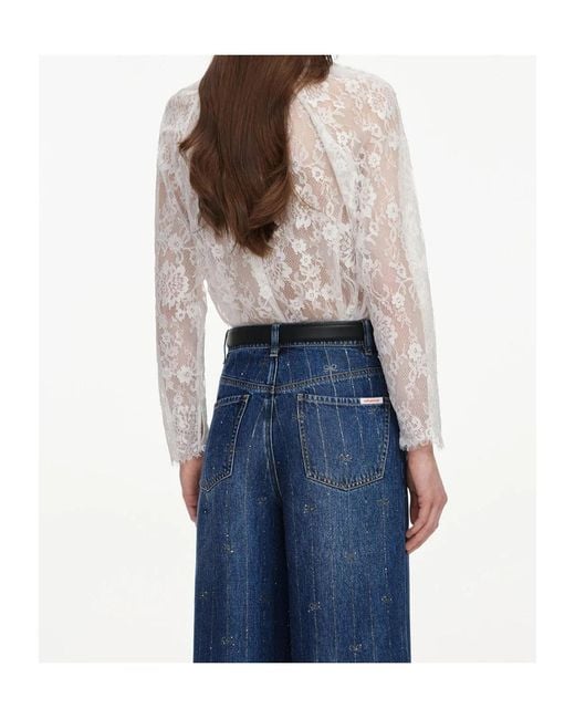 Self-Portrait Blue Sheer Lace Long-Sleeve Top