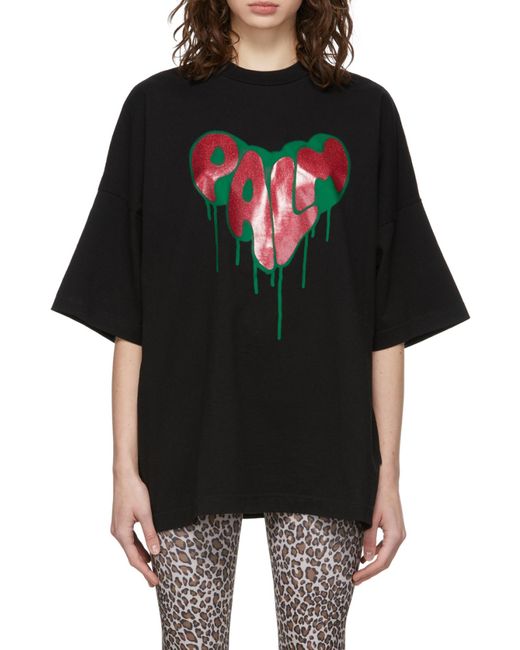 Palm Angels Black Spray Heart Cotton T-Shirt for men