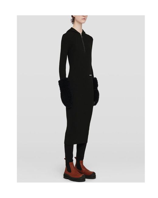 Jil Sander Black Long-Sleeved Ribbed-Knitted Hooded Midi Dress