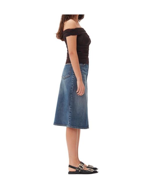 Ganni Blue Heavy Washed Denim Midi Skirt