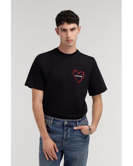 Roberto Cavalli Black Heart-Embroidered Cotton T-Shirt for men