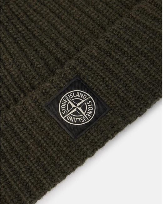 Stone Island Black Ribbed Knit Beanie With Compass Logo Patch for men