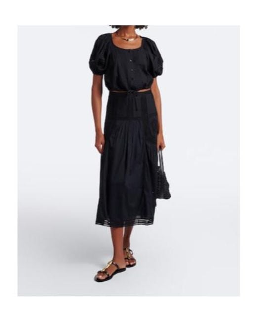 Ulla Johnson Black Alice Embroidered Tiered Cotton Midi Skirt