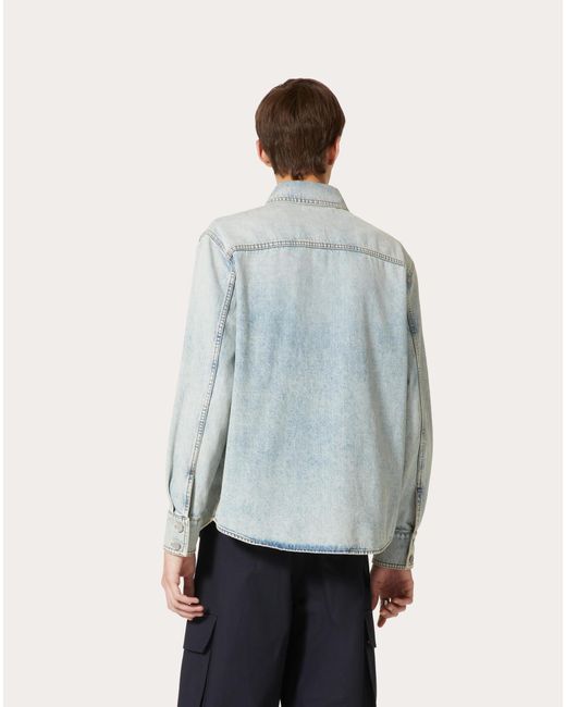 Valentino Blue Logo Plaque Long-Sleeved Denim Shirt for men