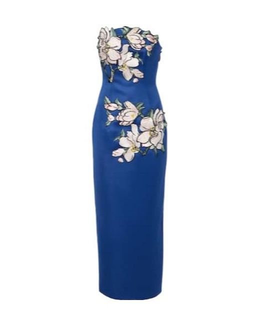 Leo Blue Ava Floral-Appliqué Strapless Midi Dress