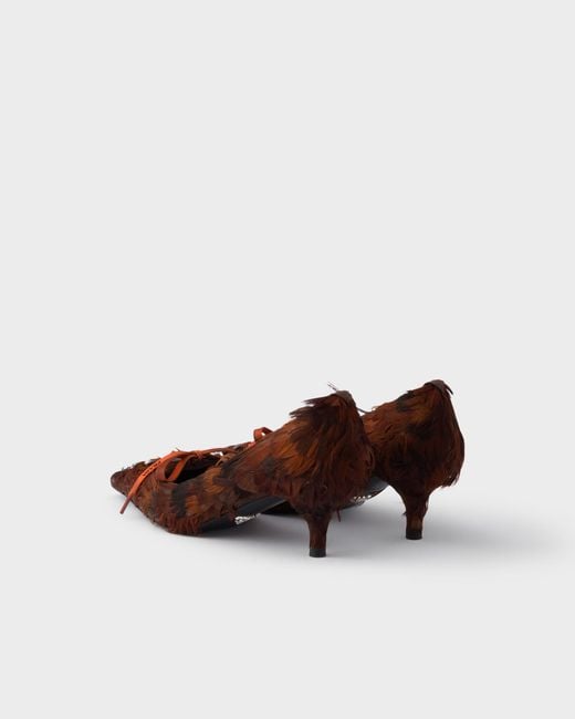 Prada Brown Feather-Embellished Satin Pumps