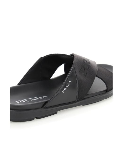 Prada Brown Brushed Leather And Nylon Tape Crisscross Slides for men