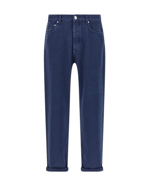 Brunello Cucinelli Blue Garment-Dyed Logo-Patch Jeans for men