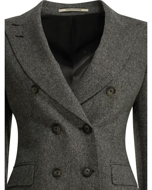 Tagliatore Black Double-Breasted Herringbone Blazer