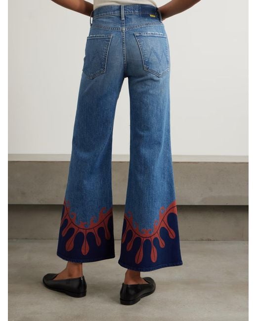 Mother Blue Printed High-Waisted Flared Jeans