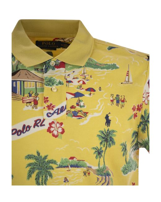 Polo Ralph Lauren Yellow Short Sleeved Illustration-Printed Polo Shirt for men