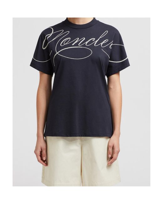 Moncler Black Embroidered Cursive Logo Cotton T-Shirt