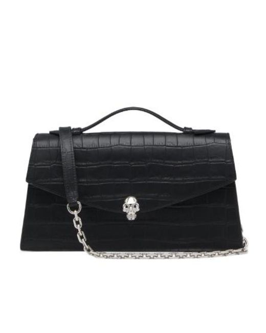 McQueen Black Skull Crocodile-Effect Shoulder Bag