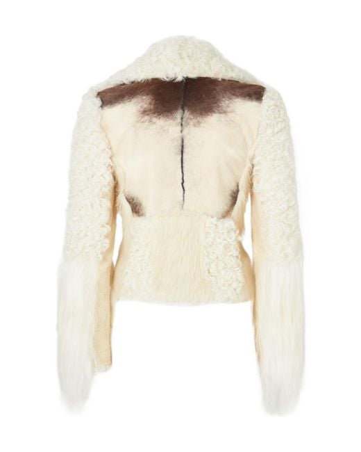 Fendi White Blouson Ivory Patchwork Shearling Biker Jacket