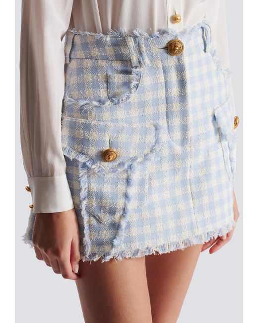 Balmain White Gingham Tweed A-Line Skirt