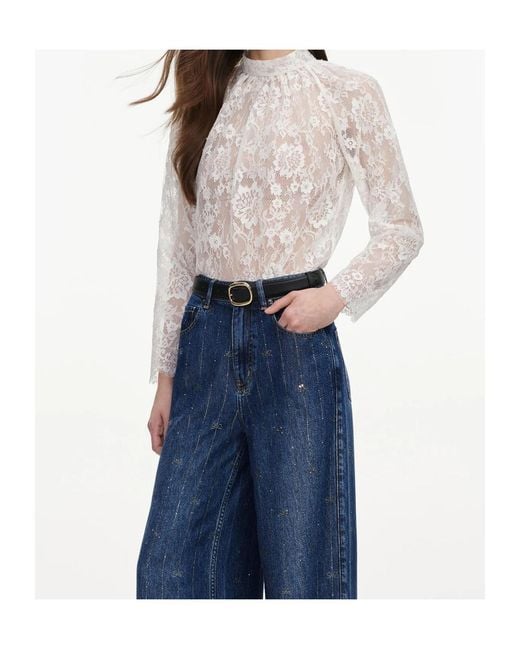 Self-Portrait Blue Sheer Lace Long-Sleeve Top