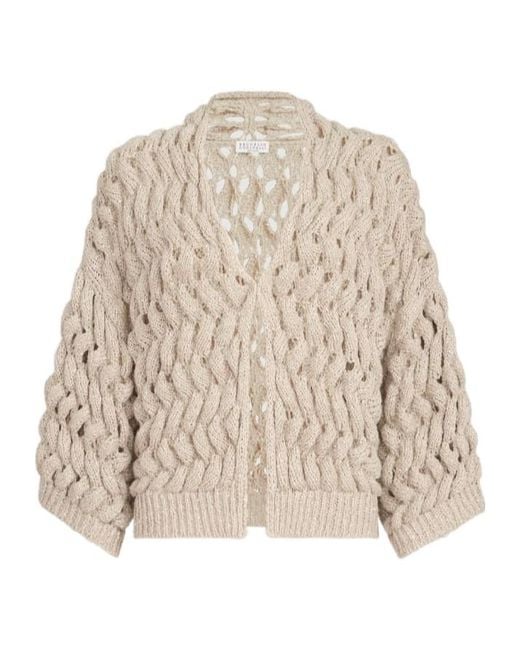 Brunello Cucinelli Natural Silk And Linen Dazzling Waves Cardigan