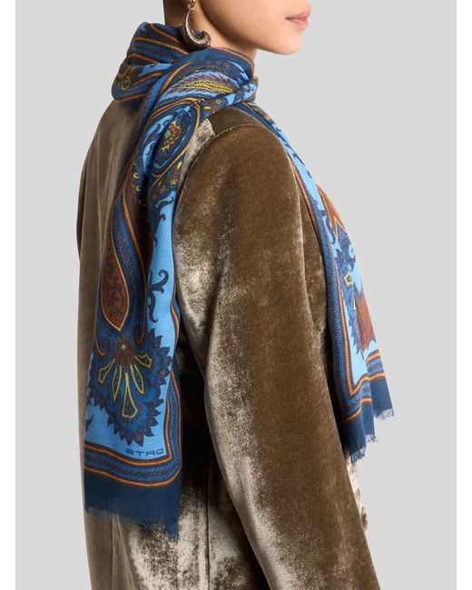 Etro Blue Modal And Cashmere Scarf With Paisley Motif