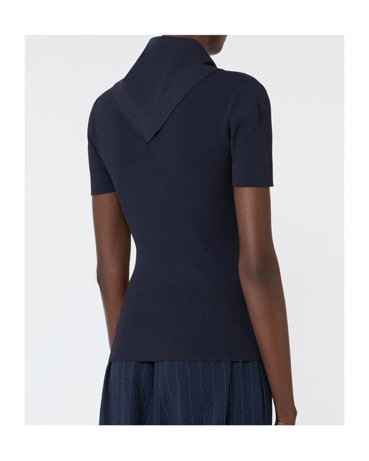 Max Mara Blue Ribbed-Knit Tie-Detail Short-Sleeve Sweater