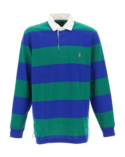 Polo Ralph Lauren Green Striped Logo-Embroidered Rugby Shirt for men