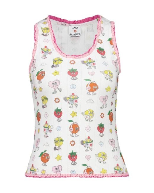 Casablanca White Frill-Trim Printed Tank Top