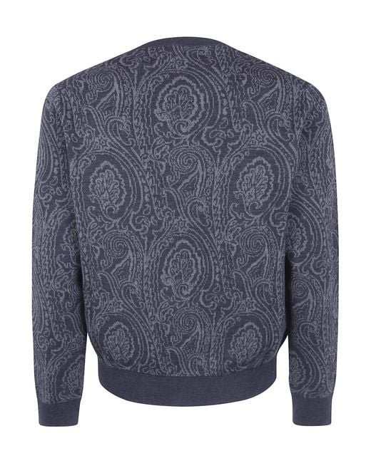 Etro Blue Paisley Printed Crewneck Knitted Jumper for men