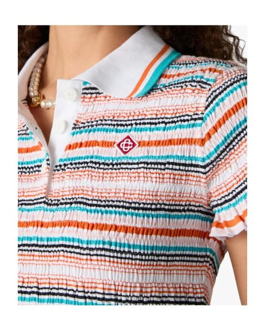 Casablanca Blue Shirred Stripe Polo Top