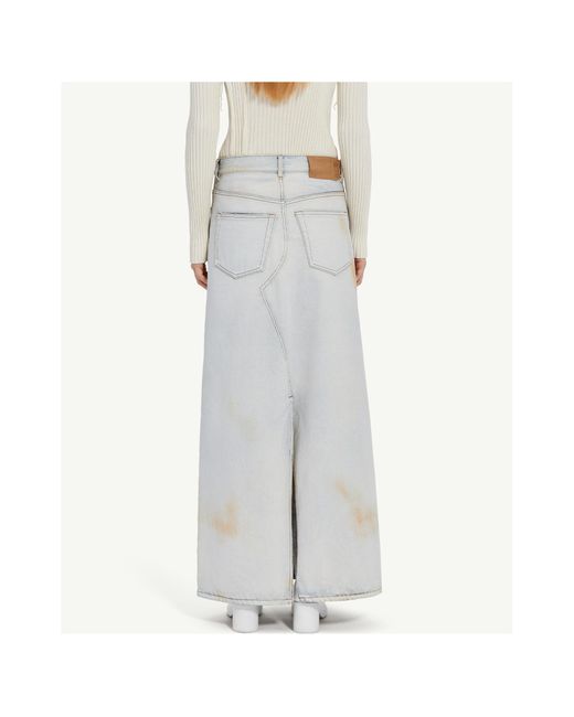 MM6 by Maison Margiela White Logo-Patch Distressed Denim Midi Skirt