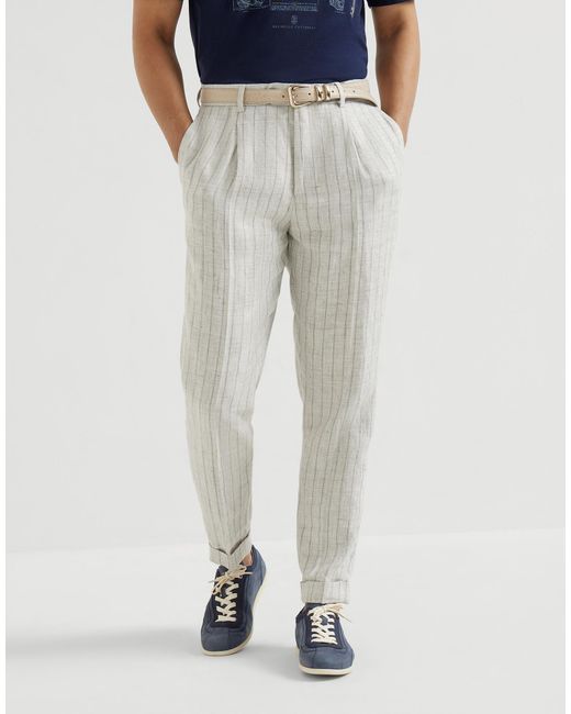 Brunello Cucinelli Gray Striped Pleated Trousers for men
