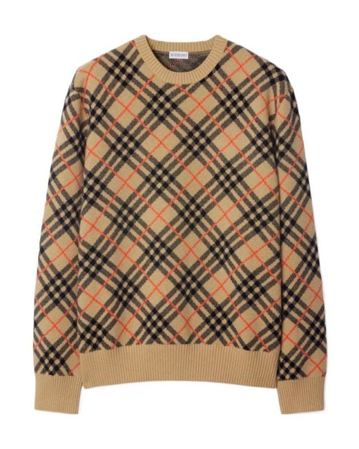 Burberry Brown Checked Knitted Crewneck Jumper for men