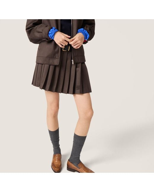 Miu Miu Brown Logo Detailed Pleated Mini Skirt