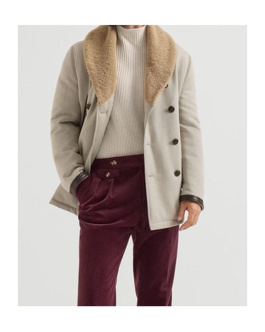 Brunello Cucinelli Natural Wool And Cashmere Cavalry Coat With Thermore Padding And Shearling Collar for men