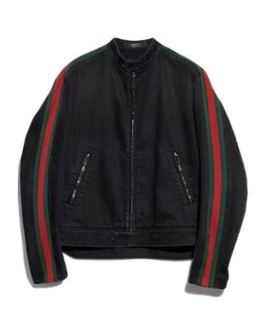 Gucci Black Web Detailed Denim Biker Jacket for men