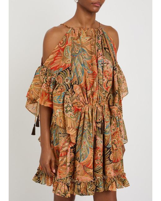 Etro Brown Paisley Frill Cotton Mini Dress