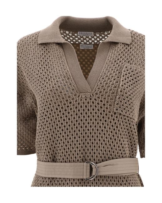 Brunello Cucinelli Natural Crochet-Knitted Belted Midi Dress