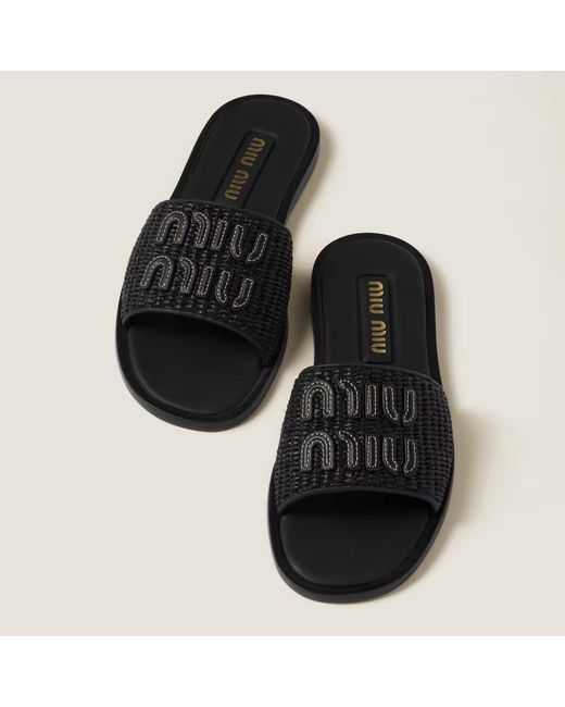 Miu Miu Black Raffia-Effect Woven Fabric Slides