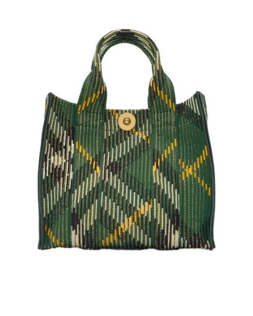 Burberry Green Check Pattern Knit Tote Bag